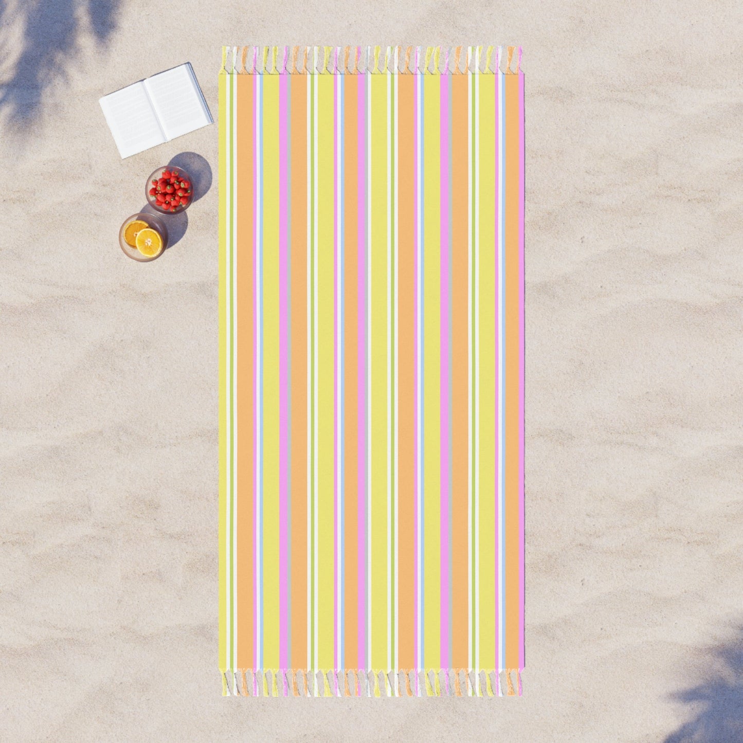 Beach Towel with Knotted Tassels - Happy Stripes Citrus Bubble Gum - Nanalili