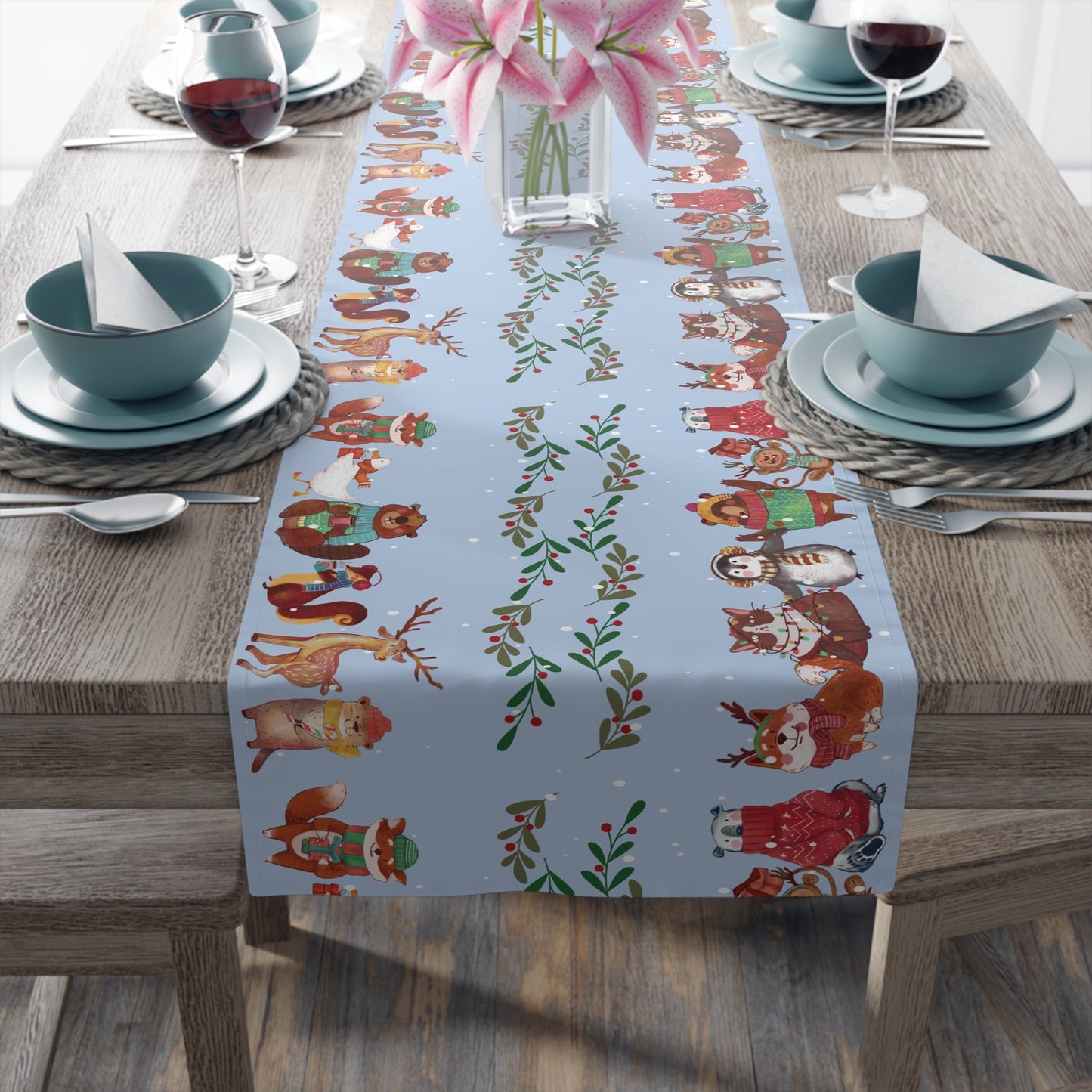 Table Runner - Christmas Animals Light Blue - Nanalili