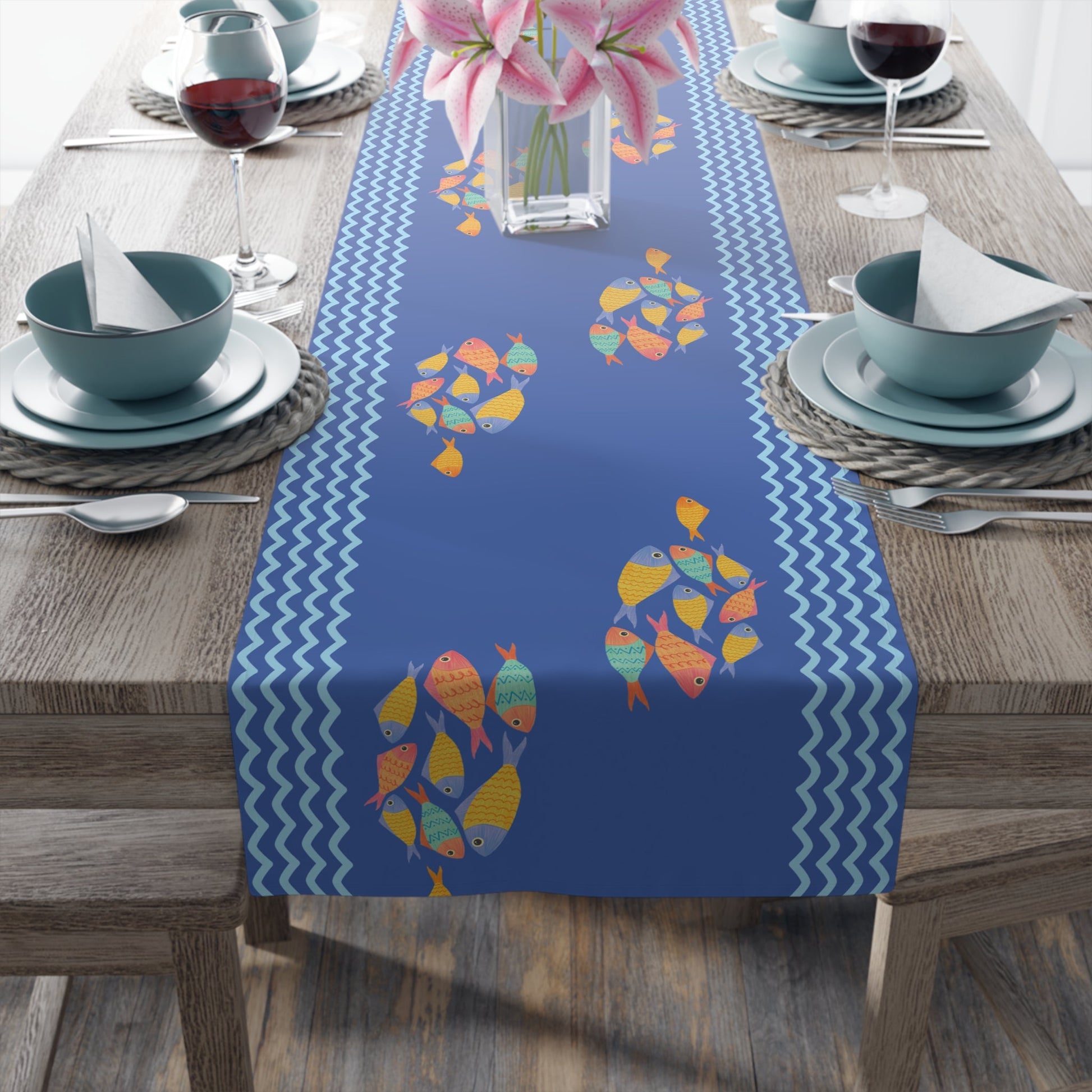 Table Runner - School of Fish Ocean Blue - Nanalili